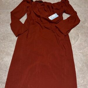 Off-Shoulder Long Sleeve Midi Dress in Rust